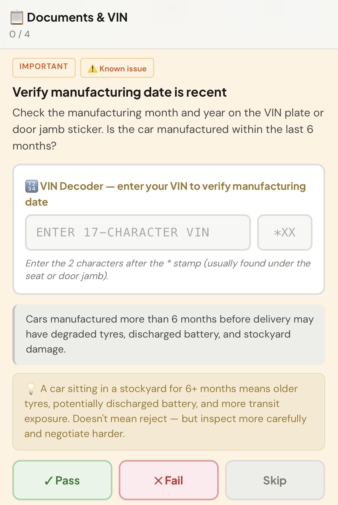 VIN Decoder screen showing manufacturing date check