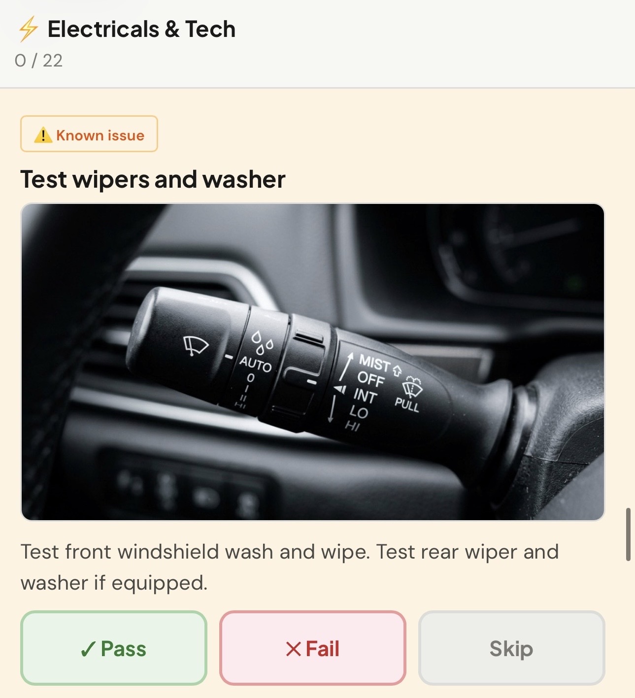Wipers test checkpoint with pass fail skip buttons