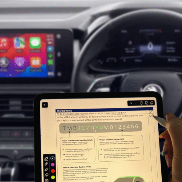 Skoda Kylaq PDI Master Blueprint checklist displayed on a tablet, showing comprehensive pre-delivery inspection points for a new SUV.