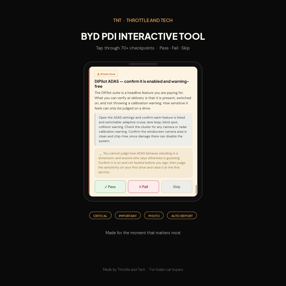 BYD PDI Interactive Tool - Mobile walkthrough with live checkpoints | Throttle and Tech