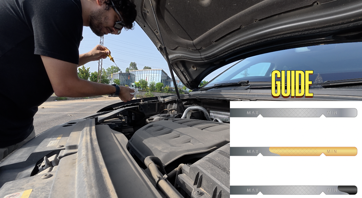 Reading the engine oil level on a dipstick between the minimum and maximum marks